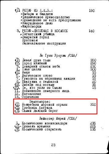 «Земноморье» и Ле Гуин в обменном каталоге любительских (системных) переводов, 1987 г.