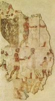 Римская фреска из некрополя Эсквилино, датируемая 300 — 280 гг. до н. э. По-видимому, на ней изображены события Второй самнитской войны.