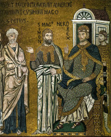 Христианская фреска, изображающая исторического Симона Волхва, в беседе с Нероном.